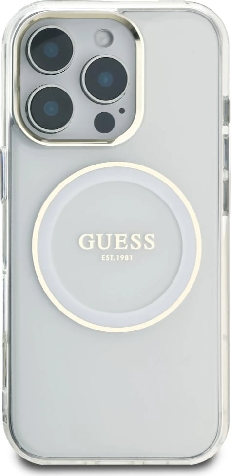 Mbështjellës Guess IML Metal Colored Circle Classic Logo MagSafe për iPhone 16 Pro, Bardhë