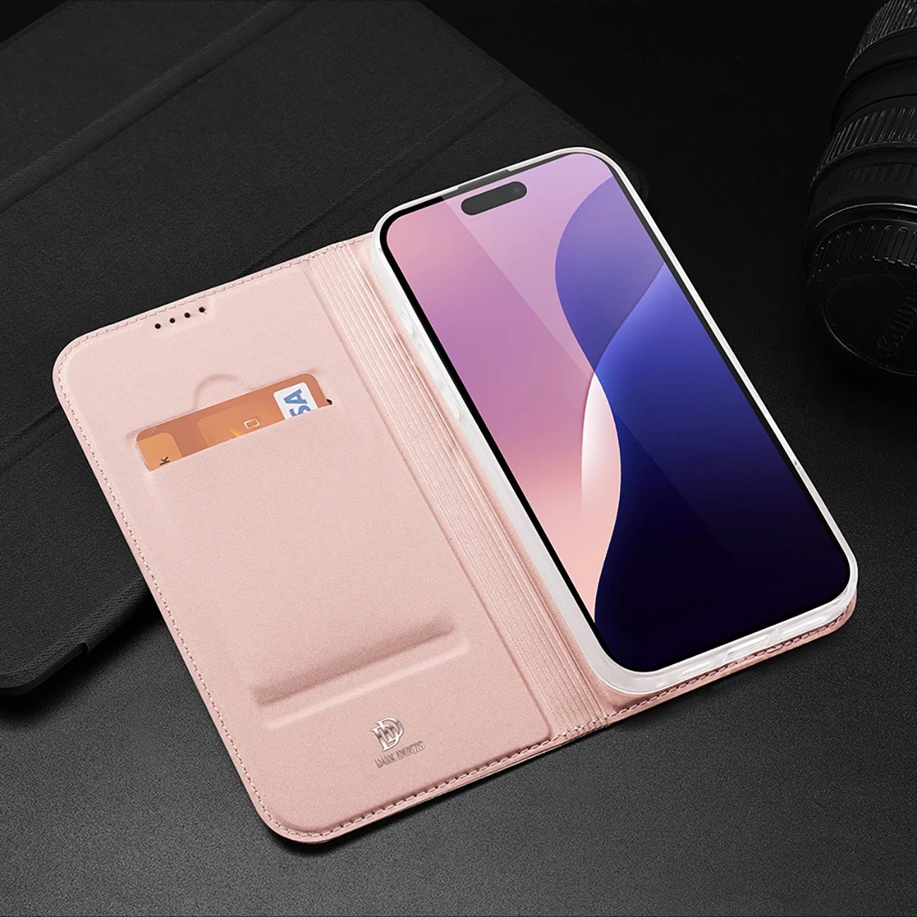 Mbështjellës Dux Ducis Skin Pro për iPhone 16 Pro Max, me kapak dhe xhep për kartela, Rozë Mbështjellës Dux Ducis Skin Pro për iPhone 16 Pro Max, me kapak dhe xhep për kartela, Rozë