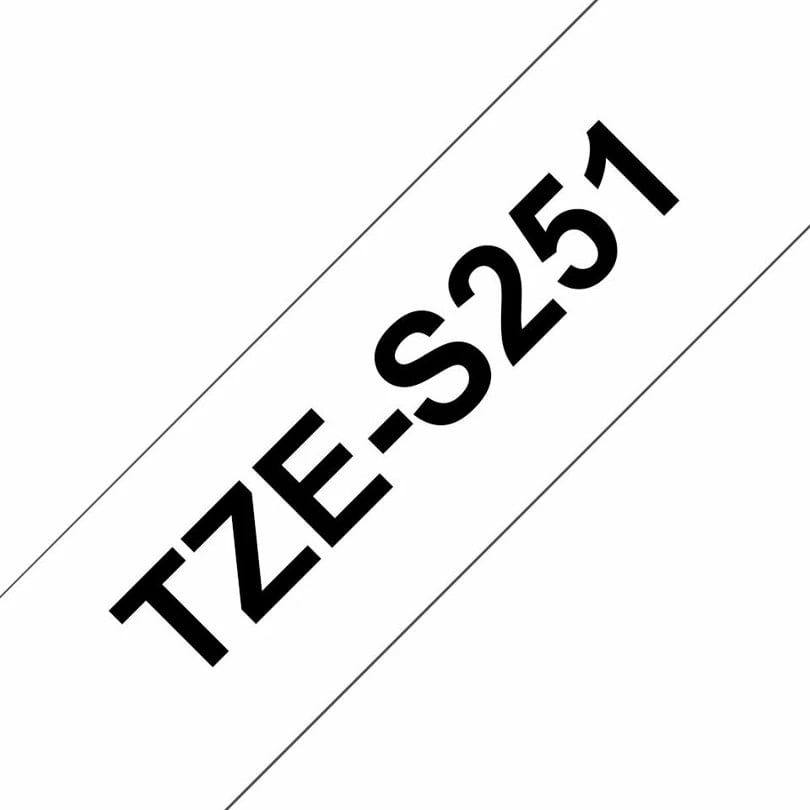 Kasetë etiketuese Brother TZe-S251, 24mm, tekst i zi mbi të bardhë, ngjitës i fortë, 8m