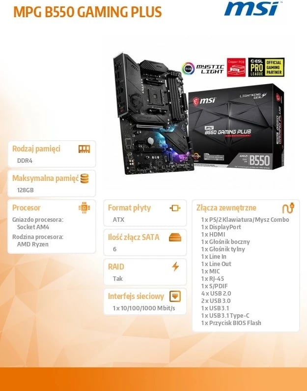 Pllakë amë MSI MPG B550 GAMING PLUS, Socket AM4, ATX, e zezë