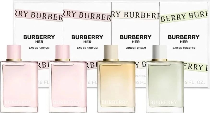 Set miniaturash Eau de Parfum dhe Eau de Toilette për femra Burberry Her & Her London Dream, 4 copë x 5ml