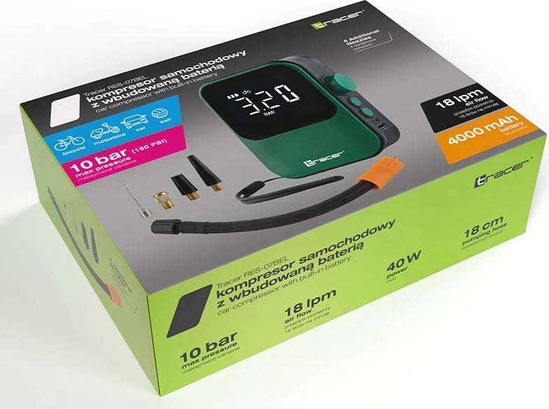 Kompresor portativ ajri, Tracer RES-07BEL (TRAKOM47496), presion 10 bar, bateri 4000 mAh, power bank, dritë LED, e zezë/jeshile