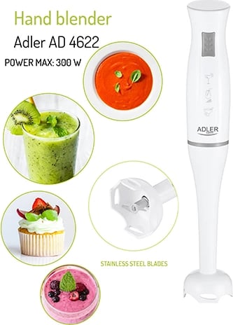 Blender dore, Adler AD 4622, 200W/300W, 14240 RPM, tehe inoksi, bosht i shkëputshëm, e bardhë