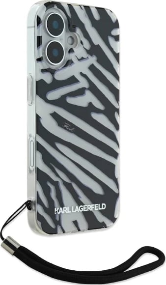Mbështjellës Karl Lagerfeld IML Zebra Pattern & Cord për iPhone 16, Zi