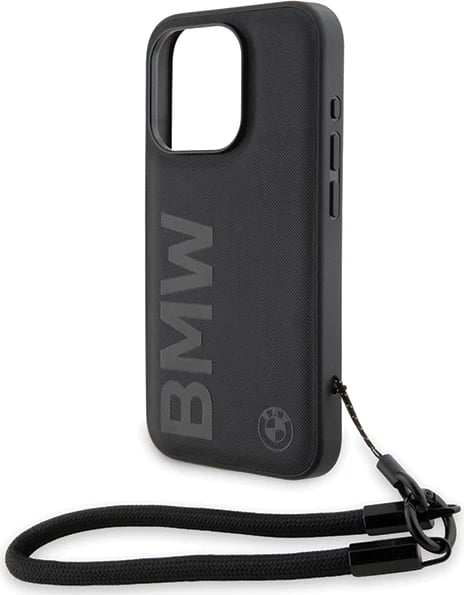 Mbështjellës BMW Signature Leather Wordmark Cord për iPhone 15 Pro, lëkurë, i zi