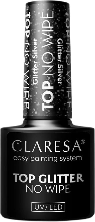 Top coat hibrid me glitter Claresa Glitter No Wipe për femra, argjend, 5g
