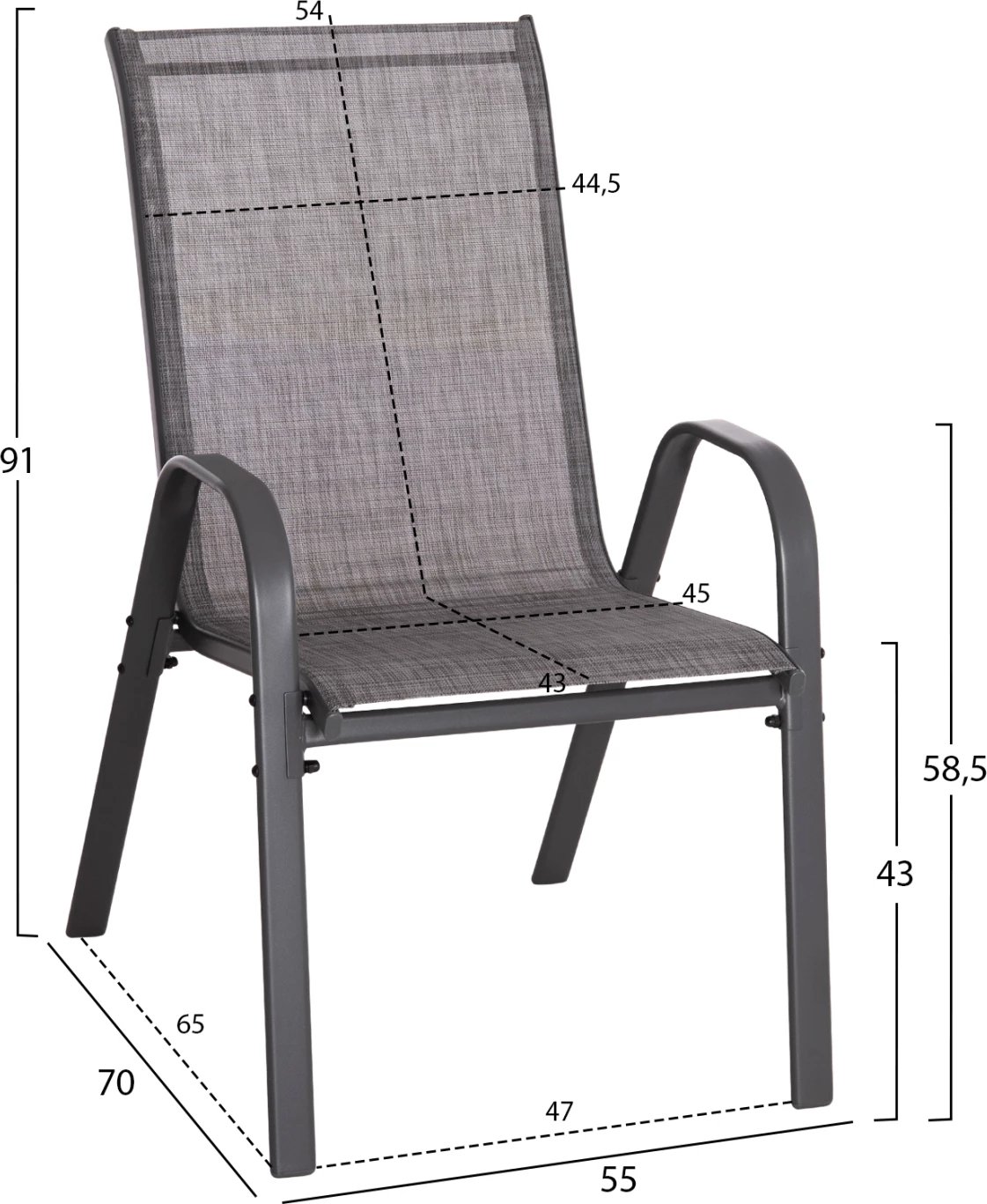 Karrige për jashtë LEON, kornizë metali gri & tekstilene, set prej 4 copash, 55x70x91H cm