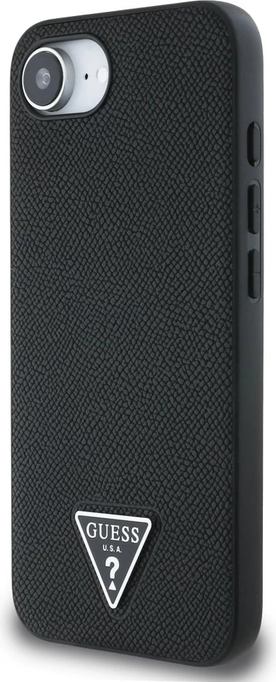 Mbështjellës Guess Grained Triangle MagSafe për iPhone 16e, i zi