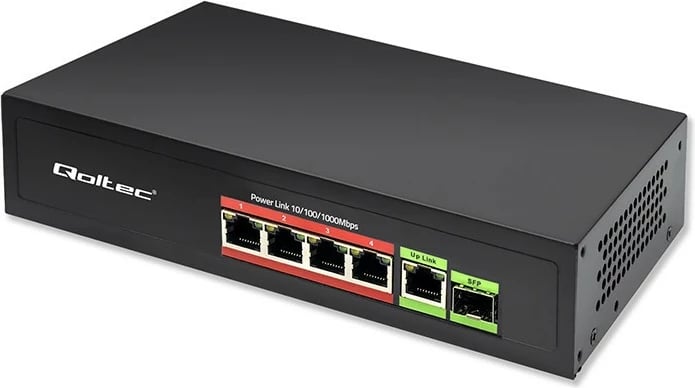 Switch Qoltec 52296, 4x RJ45 PoE, 1x RJ45 Uplink, 1x SFP, 65W, 1000 Mb/s, i zi