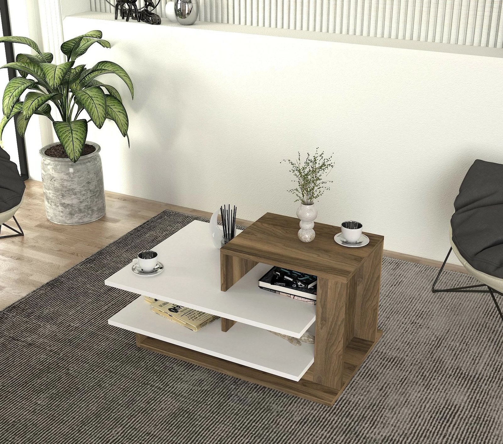 Tavolinë e ulët Skye Decor, Venüs, e bardhë dhe arre