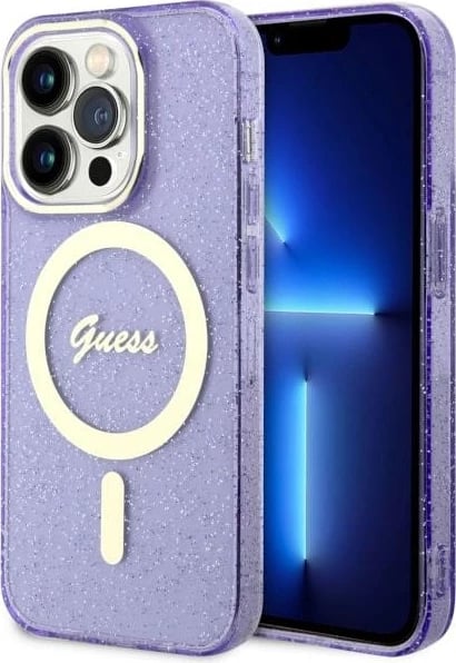 Mbështjellës Guess GUHMP14XHCMCGU për iPhone 14 Pro Max 6.7", Glitter Gold MagSafe, vjollcë