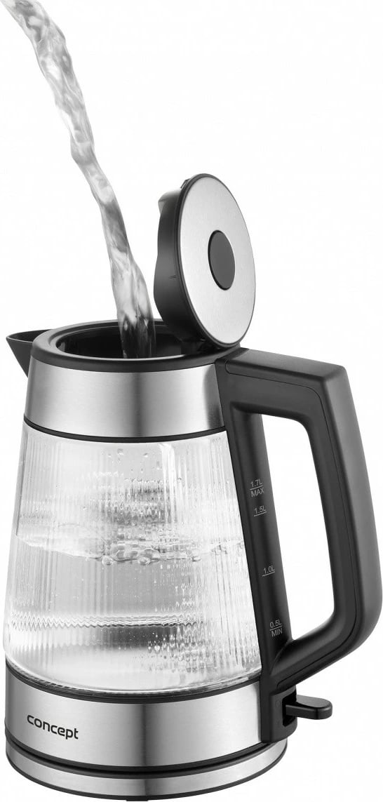 Çajnik elektrik Concept RK4210 1.7 L 2200 W xhami me ndriçim LED bazë rrotulluese STRIX inox dhe transparent