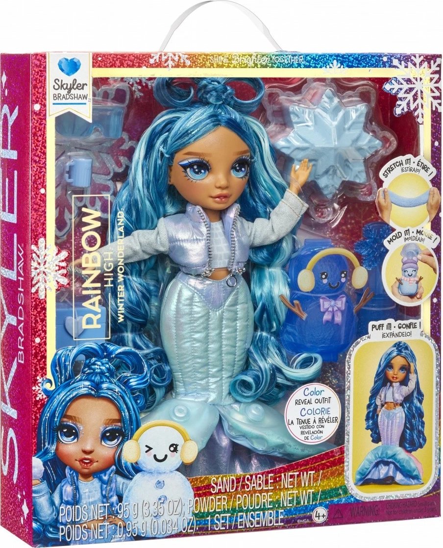 Kukull Rainbow High Winter Wonderland Skyler, 11 inç, me borë magjike dhe aksesorë, Blu