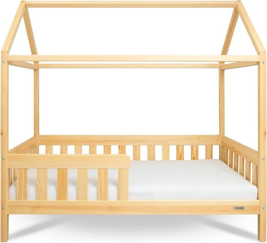 krevat shtëpizë për fëmijë, New Baby CASTELLO, 160x80 cm, me mbrojtëse dhe bazë me letvica, natyral