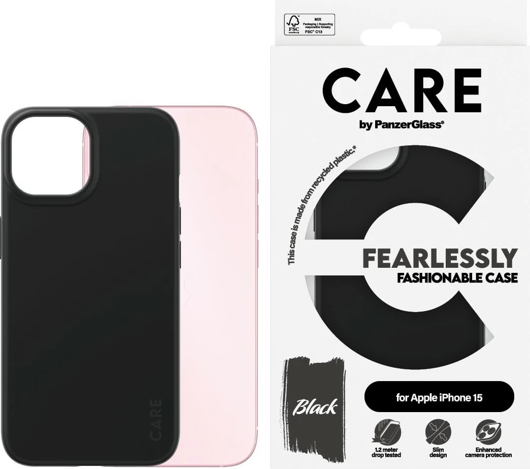 Mbështjellës PanzerGlass CARE Case për iPhone 15, e zezë