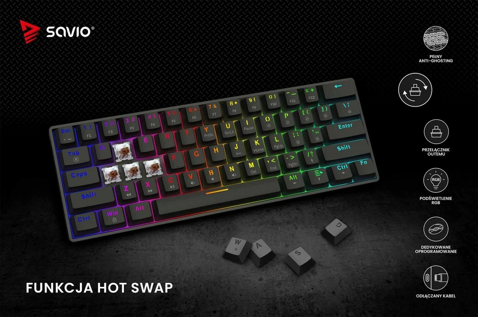 Tastierë mekanike Savio Blackout X2 OUTEMU Brown, 60%, ARGB, Hot Swap, e zezë Tastierë mekanike Savio Blackout X2 OUTEMU Brown, 60%, ARGB, Hot Swap, e zezë