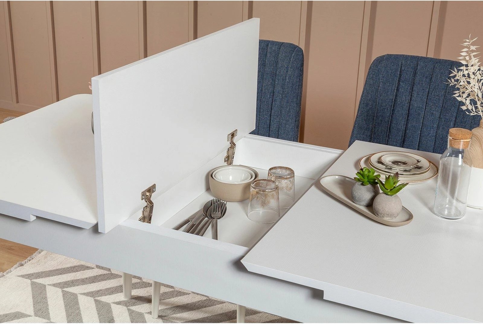 Set tavolinë me karrige për ngrënie, zgjatës, 5 pjesë, Skye Decor, Vina 1048-4, e bardhë, kaltër e errët