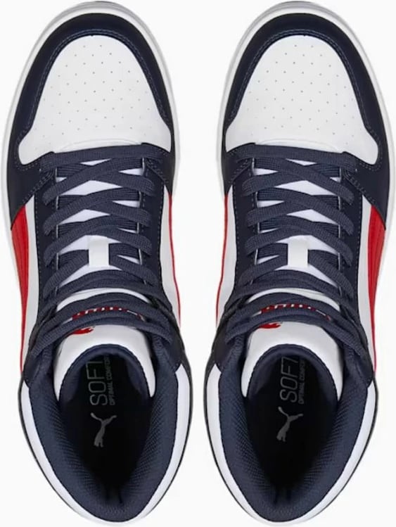 Atlete Puma për meshkuj, të bardha me të kuqe dhe blu marine