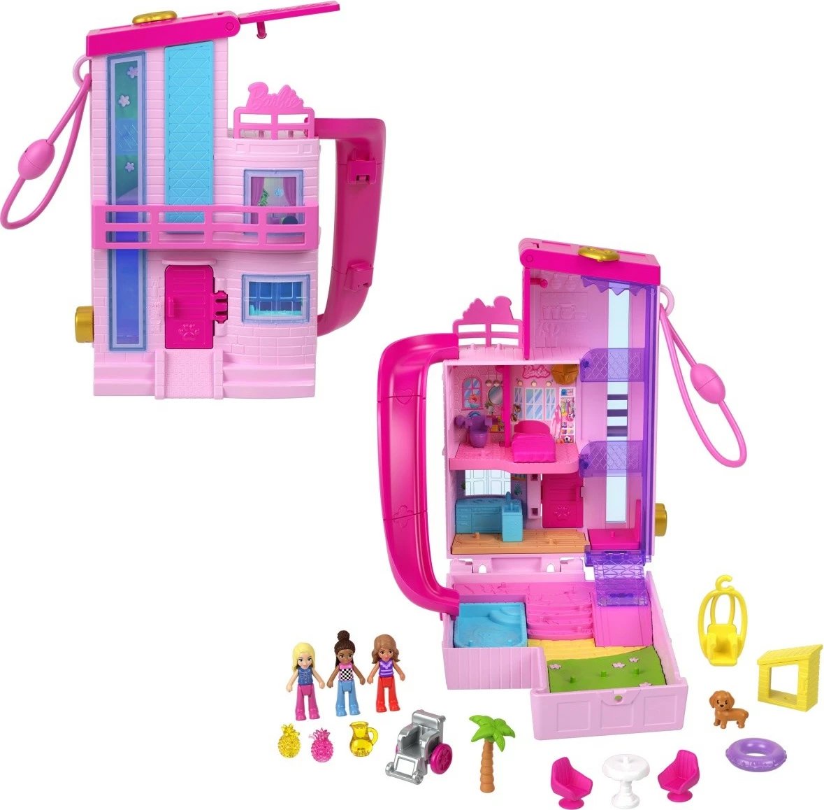 Set lodrash Polly Pocket Barbie Dreamhouse Mattel HWP11 me 3 mikrolodra dhe 11 aksesorë, rozë