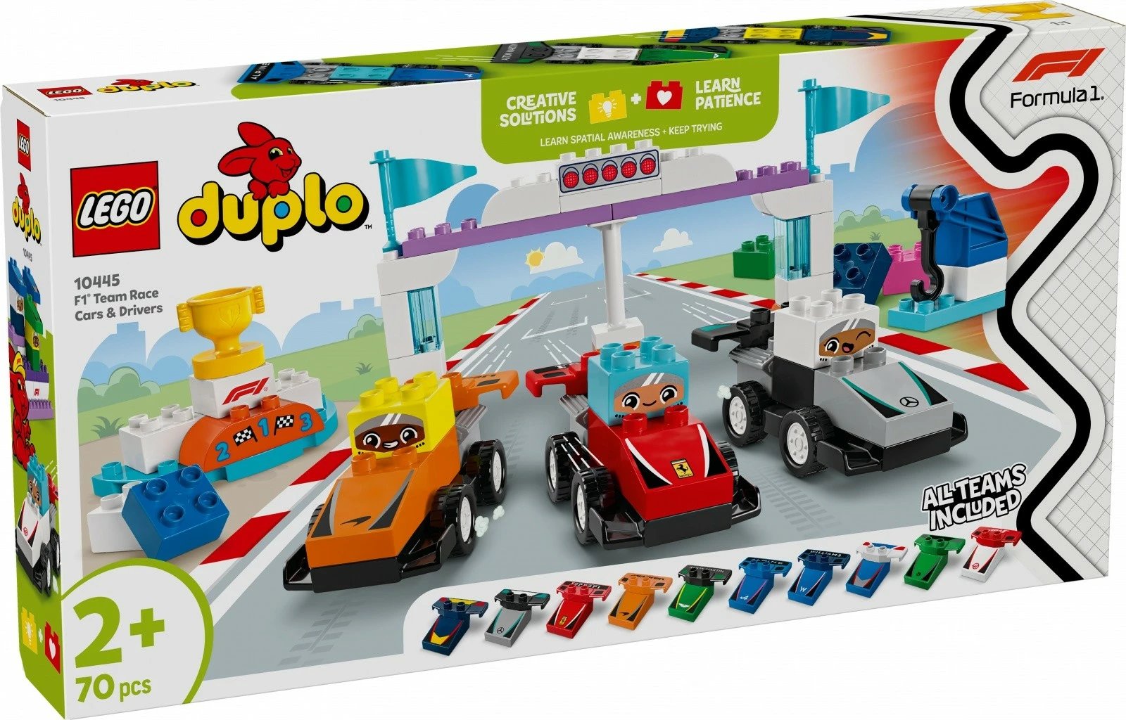Set lodrash LEGO DUPLO Formula 1 Cars and Drivers 10445, 70 pjesë, shumëngjyrëshe