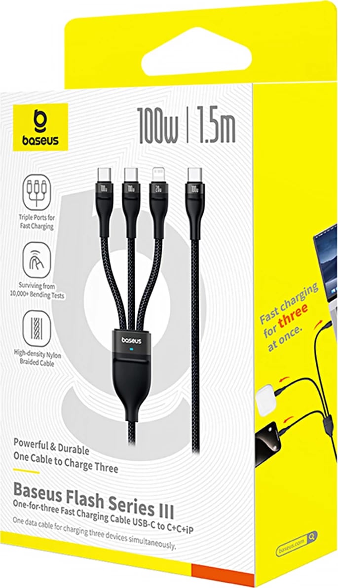 Kabllo 3-në-1 Baseus Flash Series 3, 100W, USB-C në USB-C+USB-C+Lightning, 1.5m, e zezë Kabllo 3-në-1 Baseus Flash Series 3, 100W, USB-C në USB-C+USB-C+Lightning, 1.5m, e zezë