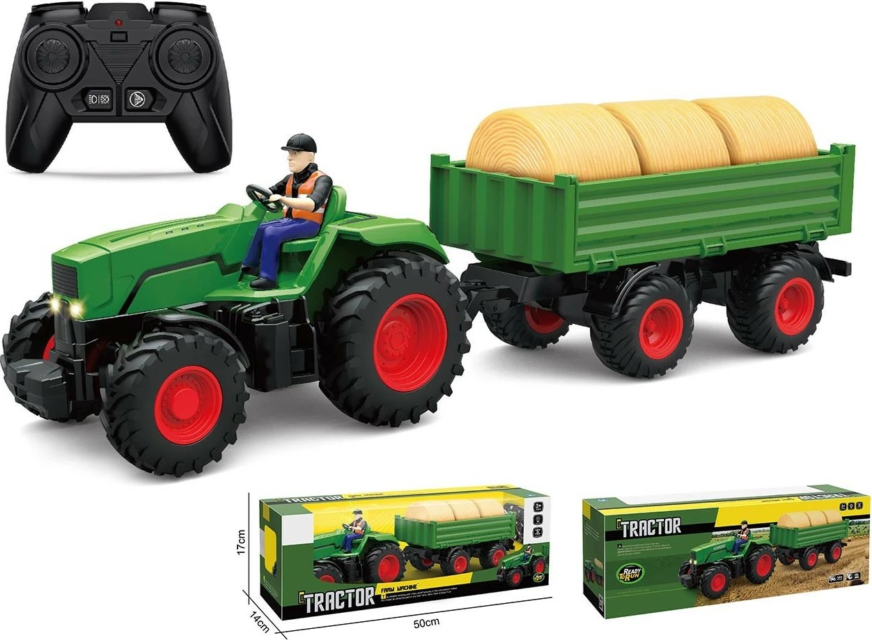 Traktor me telekomandë Madej 012057, plastikë, me rimorkio, i gjelbër/zi/kuq