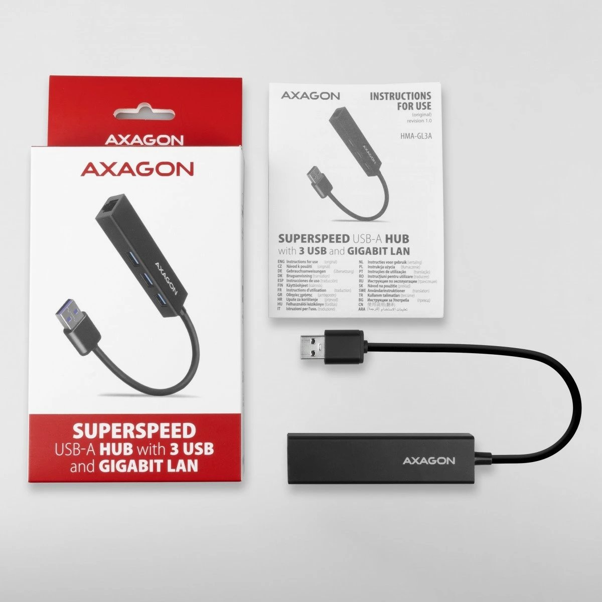 Kasë AXAGON HMA-GL3A multiport USB hub 4n1, 5Gbps, 3x USB-A + GLAN, metal, kabllo USB-A 20cm, e zezë