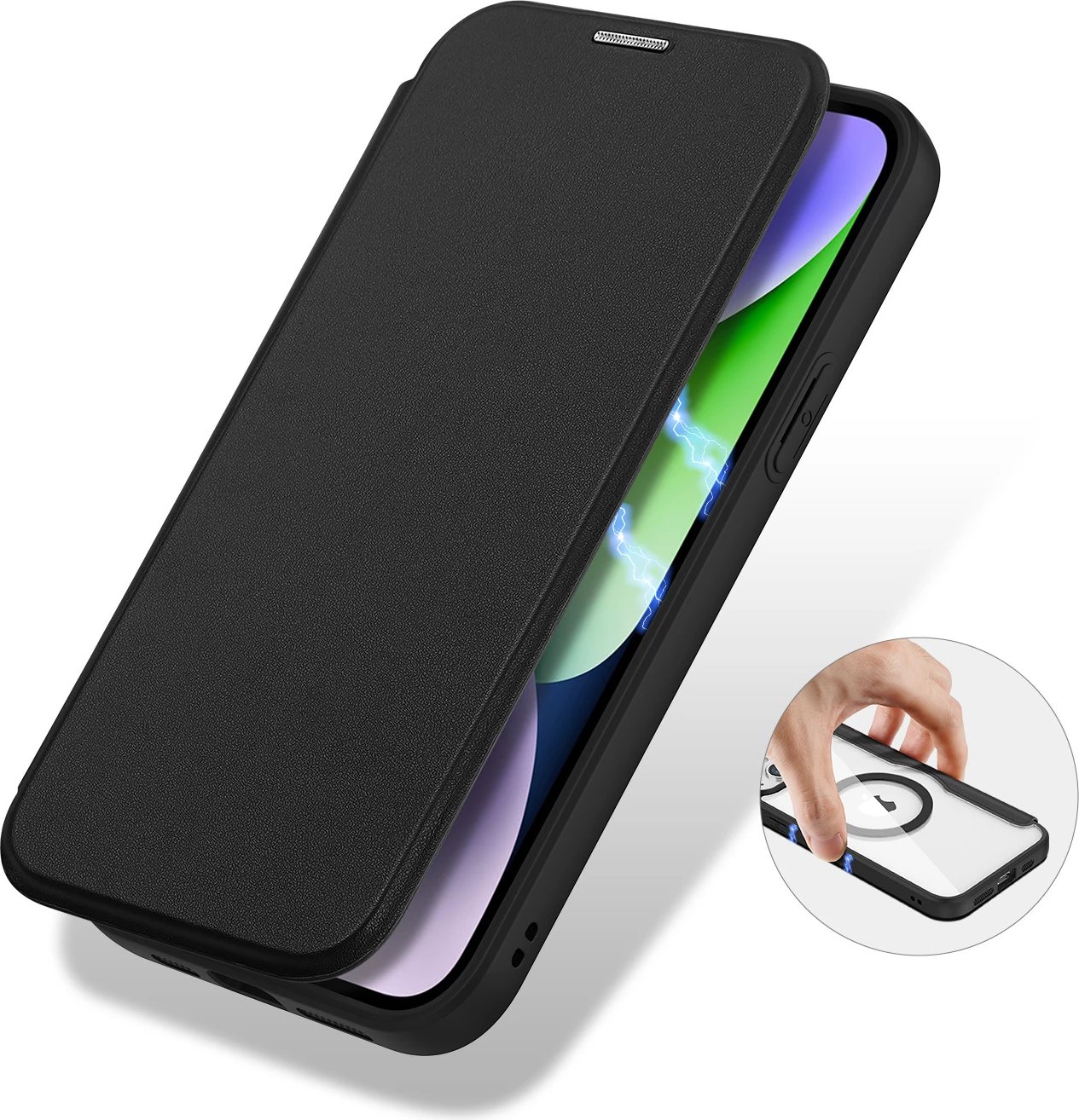 Mbështjellës me kapak magnetik MagSafe, Dux Ducis, Skin X Pro, për iPhone 15, me qëndrim dhe xhepa për karta/portofol, e zezë