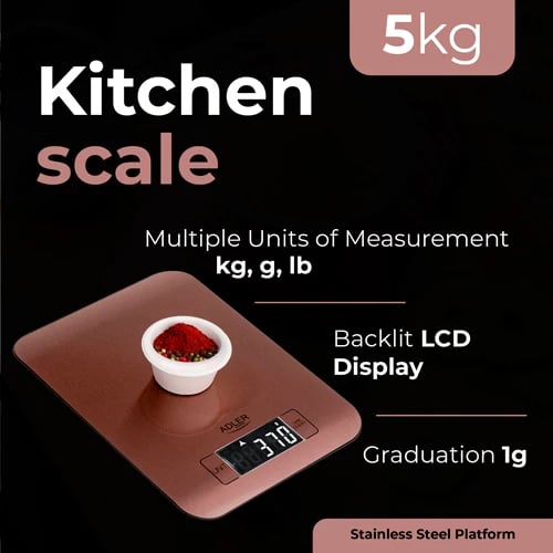 Peshore kuzhine Adler AD 3183 5 kg platformë inoks LCD me ndriçim njësi kg/g/lb/oz ngjyrë bakri