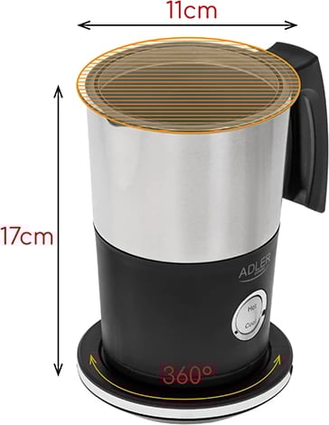 Shkumues qumështi, Adler, AD 4497, 300 ml/120 ml, 500-600W, bazë 360°, gotë pa kabllo, e zezë me Inox