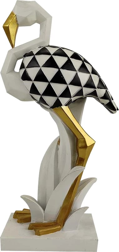 Dekor flamingo LUCIEN, polirezine, bardhë, zi, ari, 19x11x37cm