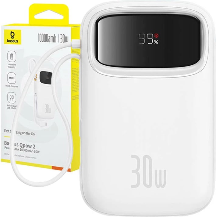 Powerbank Baseus QPow 2, 10000mAh, 30W, e bardhë