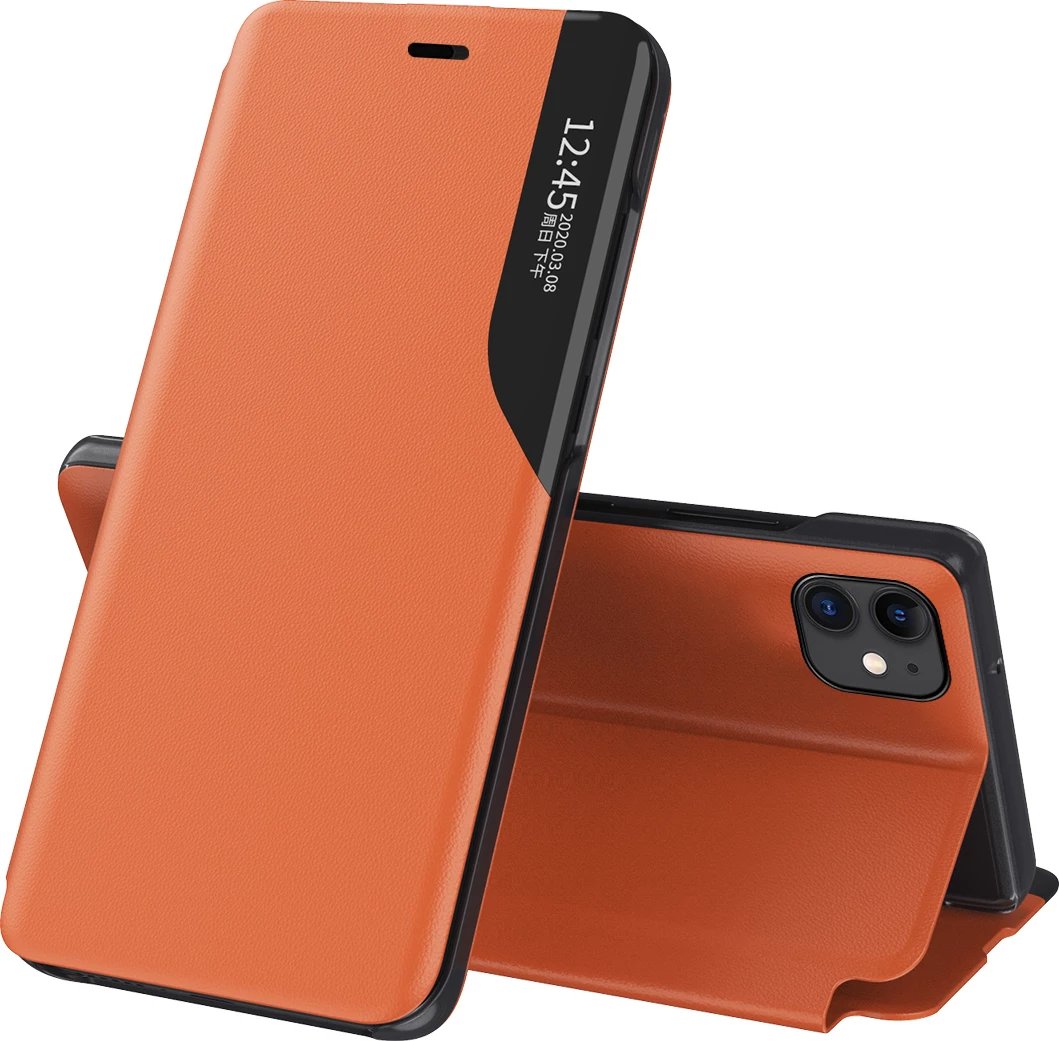 Mbështjellës Hurtel Eco Leather View Case për iPhone 13, me kapak dhe qëndrim, Portokalli