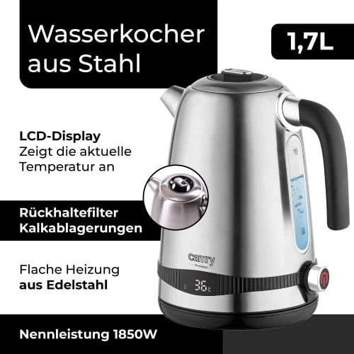 Çajnik elektrik, Camry, CR1291, 1.7L, ekran LCD dhe rregullim temperature 40-100°C, funksion Keep Warm 2h, 1850-2200W, inox