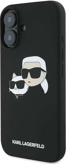 Mbështjellës Karl Lagerfeld Silicone Double Heads Print MagSafe për iPhone 16 Plus, i zi