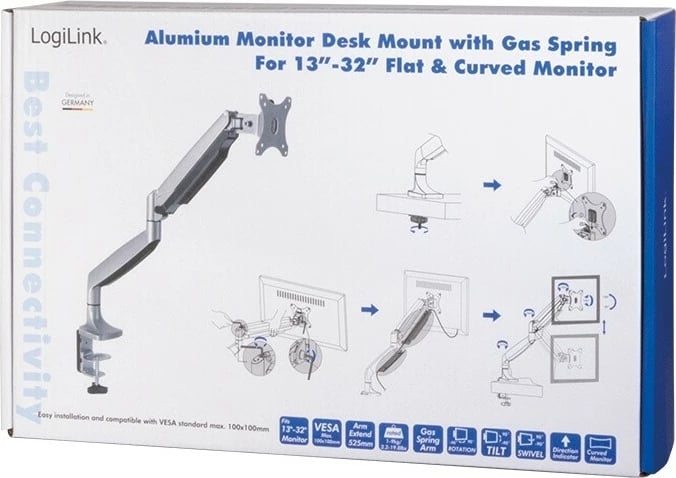 Mbajtëse monitori LogiLink BP0042, për tavolinë, 13-32 inç, 9 kg, argjendtë