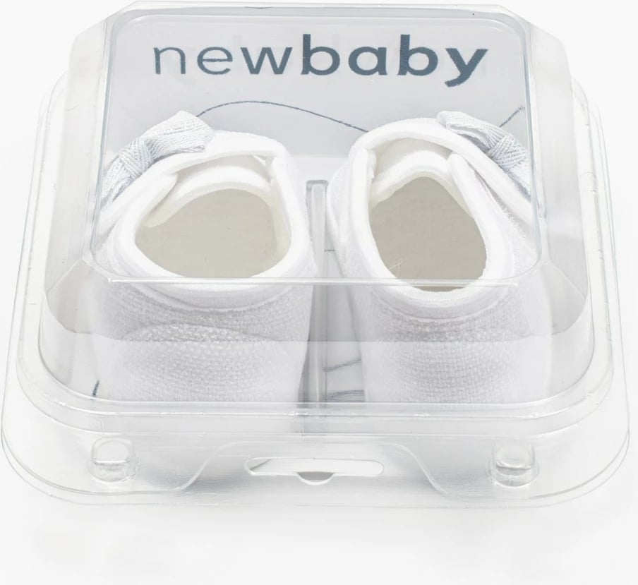 Papuçe bebe, New Baby, me fjongo dhe shirit ngjitës, shollë PVC BPA-free, për vajza, 0–3 muaj (10 cm), të bardha