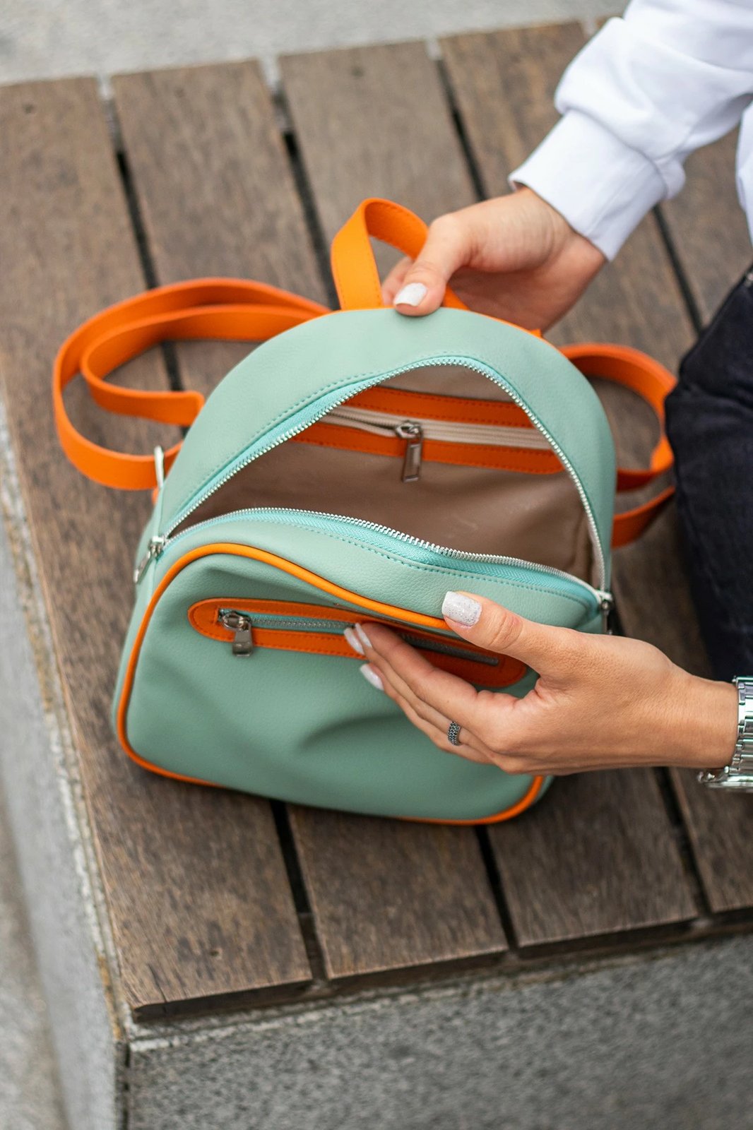 Çantë shpine Zoozie Bags Oslo, ngjyrë mint dhe portokalli