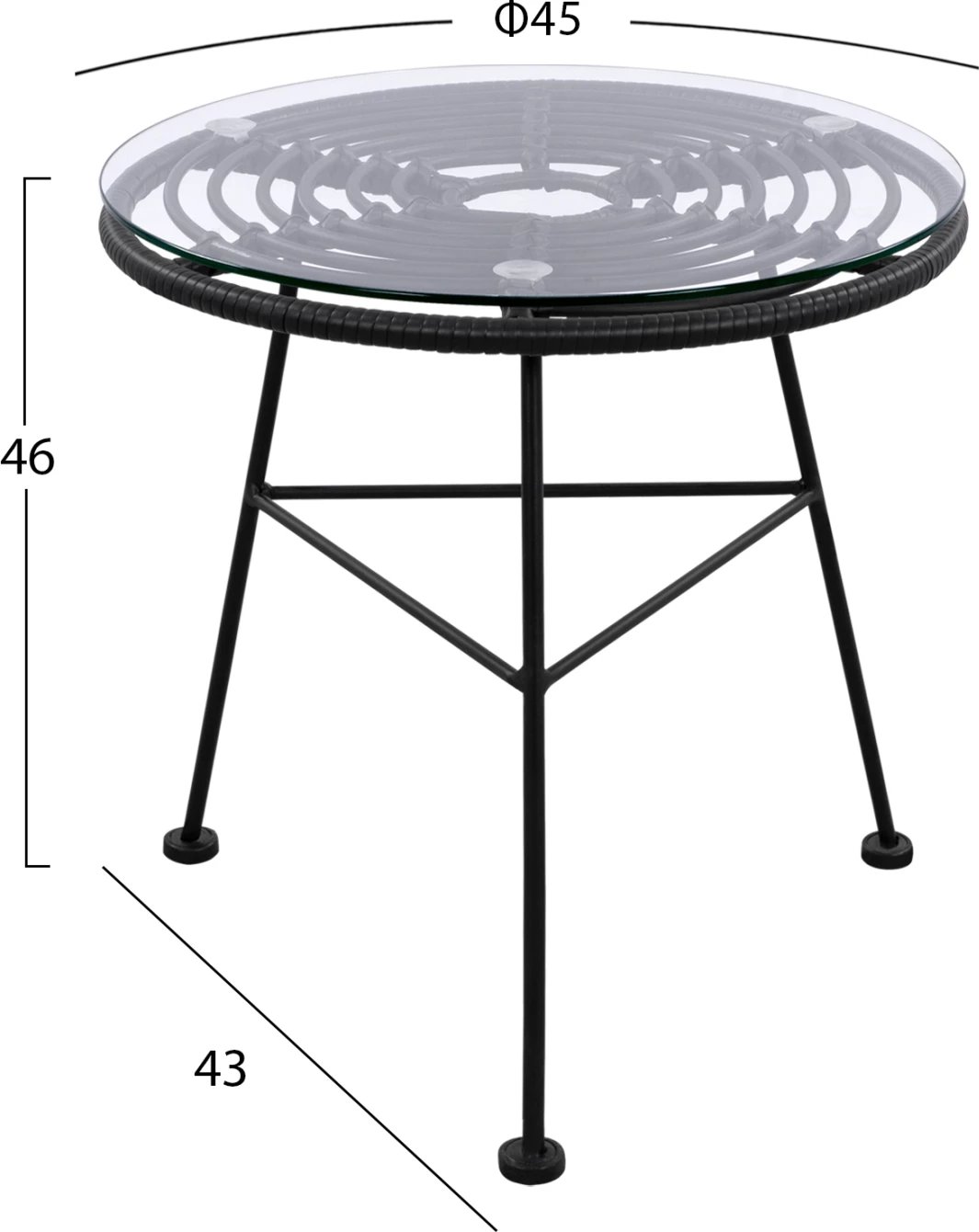 Tavolinë metalike Allegra me thurje, ngjyrë e zezë dhe xham, FH5459.02, 45x46cm