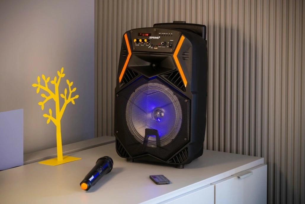 Boks portativ PRIME3 APS22 BLAZE me Bluetooth, karaoke, mikrofon pa tela, LED, zi/portokalli