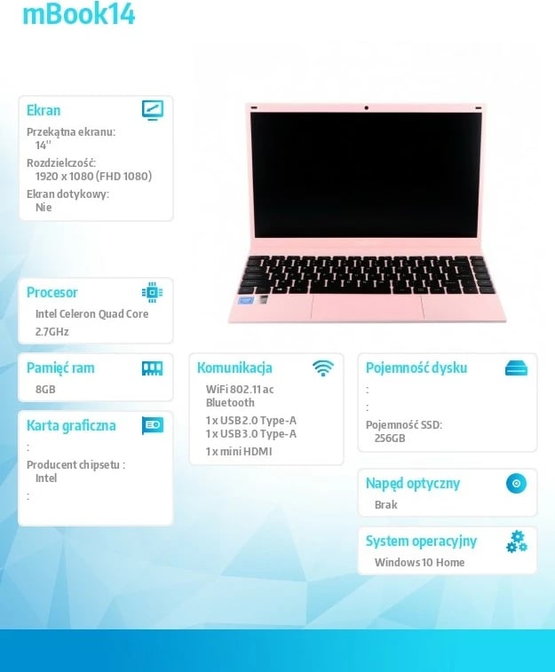 Laptop Maxcom mBook14, 14", Intel Celeron J4125, 8 GB RAM, 256 GB SSD, Rozë