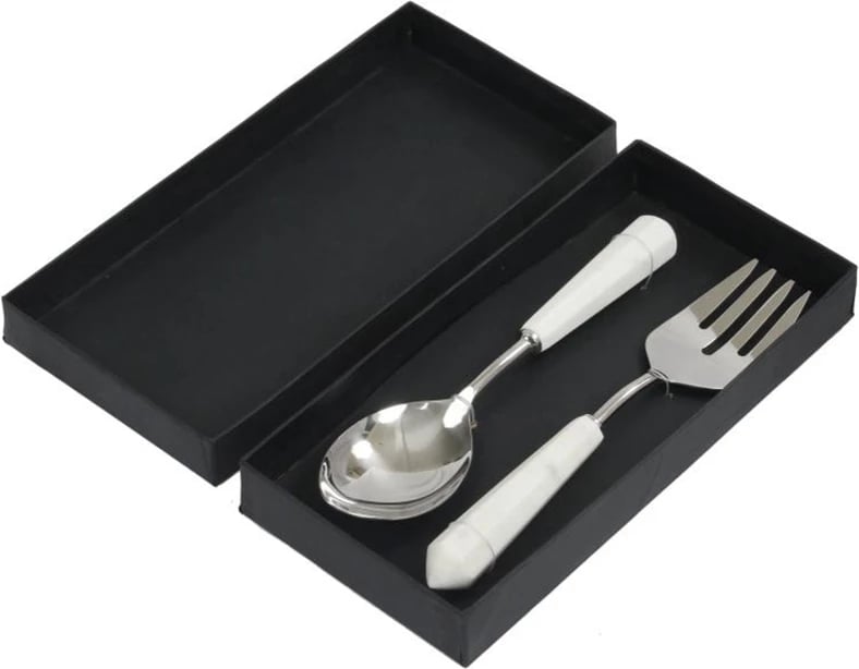Set për shërbim sallate, 2 copë, çelik dhe mermer i bardhë, 28x7x3cm