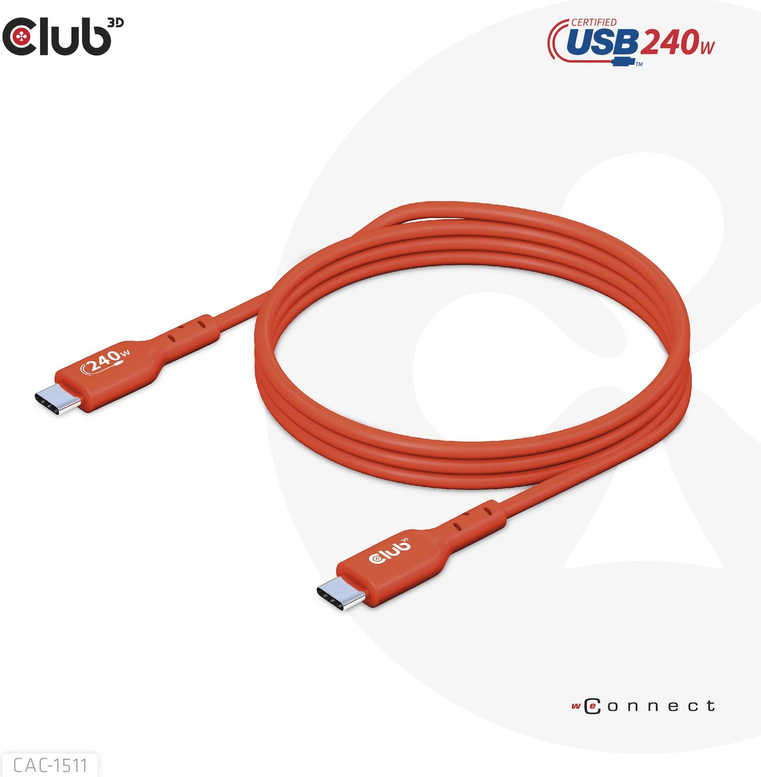 Kabllo USB-C Club3D 4m, 240W, 480Mb/s, e kuqe