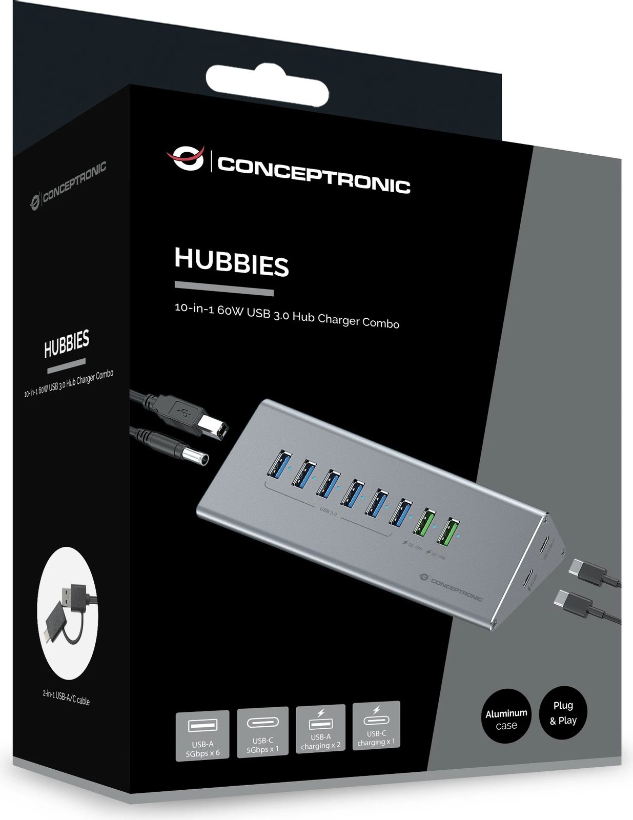 USB hub Conceptronic 10-porta, USB-A 3.0/USB-C, me furnizim energjie, gri