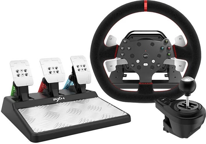 Timon gaming PXN PXN-V10 V2 me 3 pedale dhe kambjo, për PC/PS4/XBOX/Switch, i zi