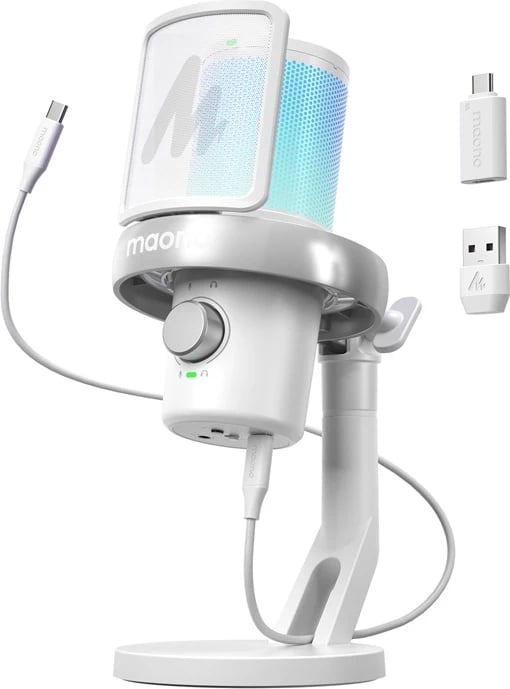 Mikrofon wireless Maono DM40 Pro, kondensator, AI Voice Changer, RGB, i bardhë