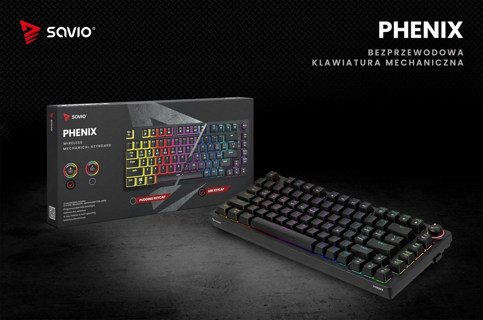 Tastierë mekanike wireless Savio Phenix, Gateron Red Pro, 82 taste, RGB, e zezë Tastierë mekanike wireless Savio Phenix, Gateron Red Pro, 82 taste, RGB, e zezë