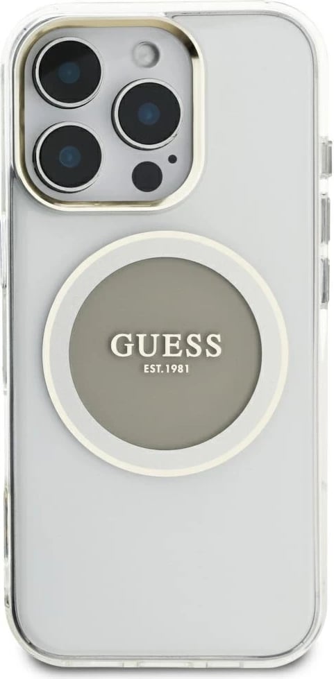 Mbështjellës Guess IML Metal Colored Circle Classic Logo MagSafe për iPhone 16 Pro Max, Gri