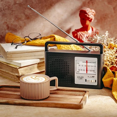 Radio portative AM/FM, Adler, AD 1909, diapazon AM 522-1620 kHz dhe FM 87.5-108 MHz, jack audio, antenë teleskopike, 4W, funksionim me rrymë ose 2x R20
