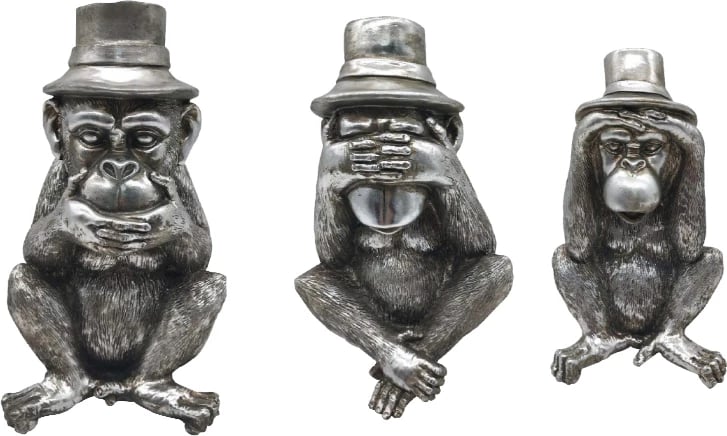 Set dekorativ majmunësh, 3 copë, ngjyrë argjendi, 14x13x22cm